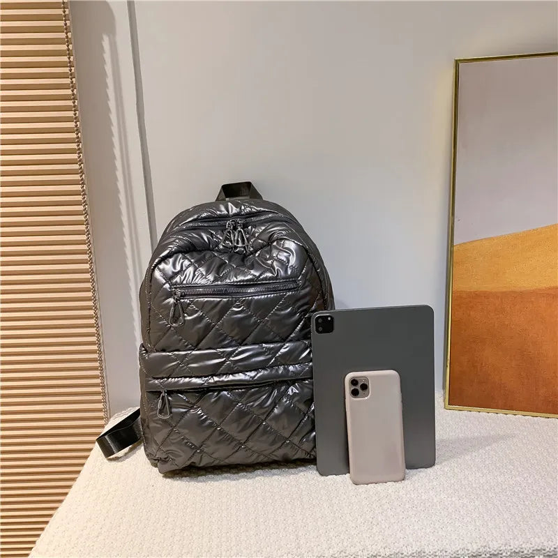 Quilted Nylon School Backpack for Teens Women Shoulder Bag