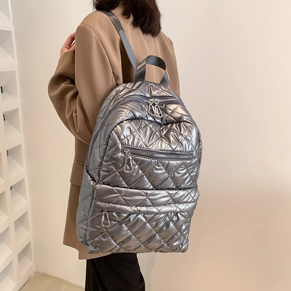 Quilted Nylon School Backpack for Teens Women Shoulder Bag