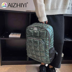 Quilted Cotton Padded Backpack Rhomboid Pattern Zipper Waterproof