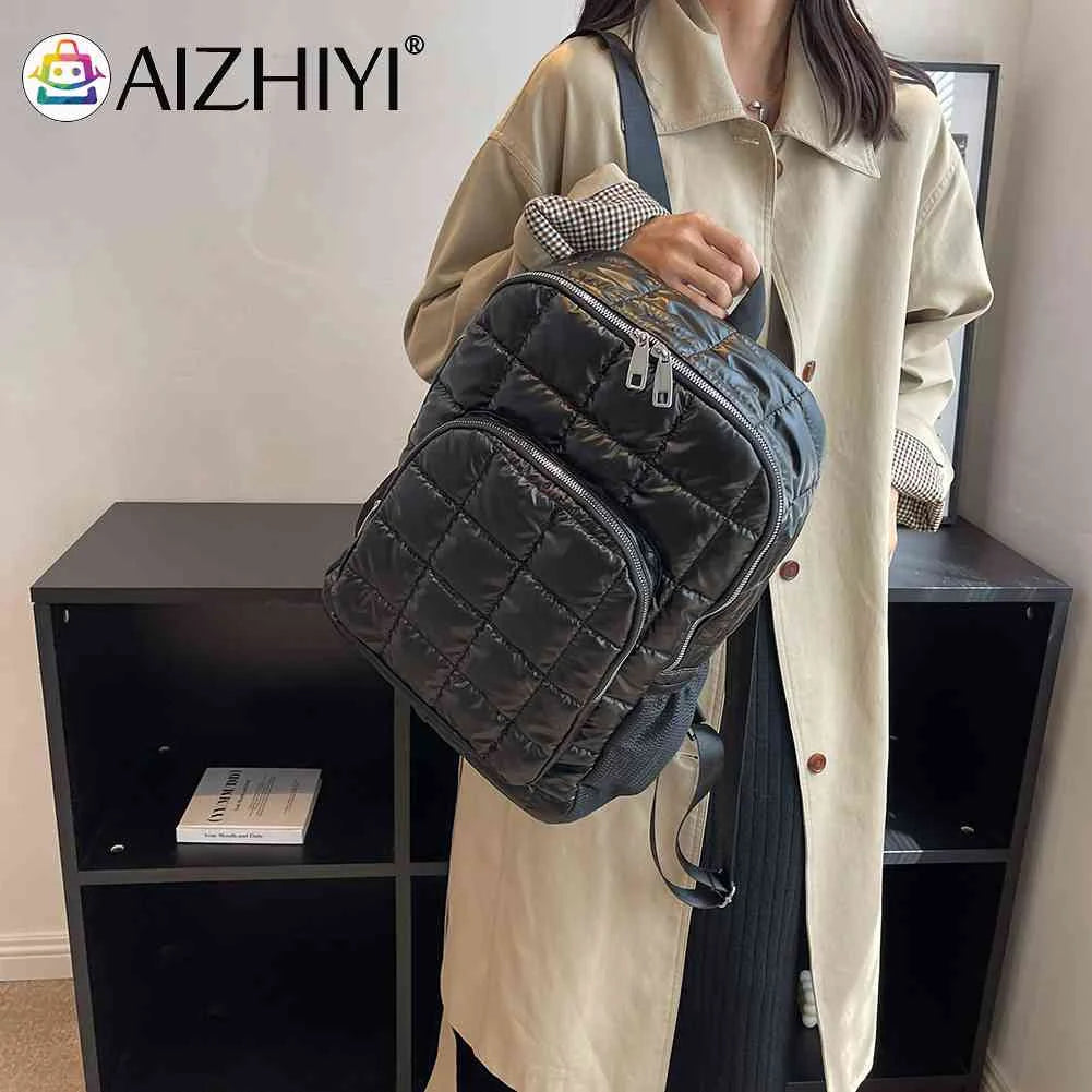 Quilted Cotton Padded Backpack Rhomboid Pattern Zipper Waterproof