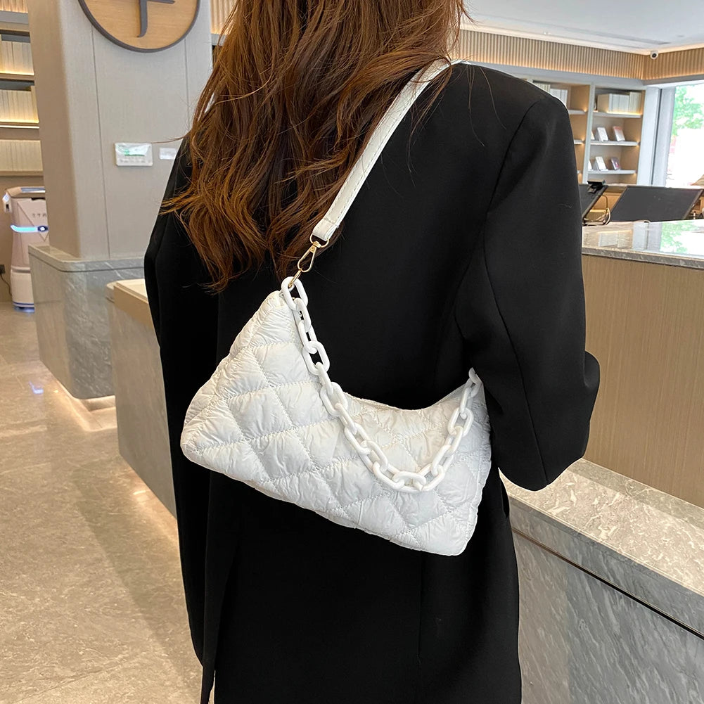 Women's Cotton Padded Shoulder Bag Chain Ladies Commuters Bag