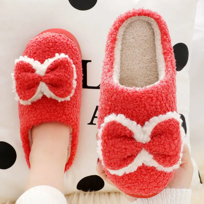 Women's Winter Cotton Slippers Thick Bottom Warm Bow Shoes