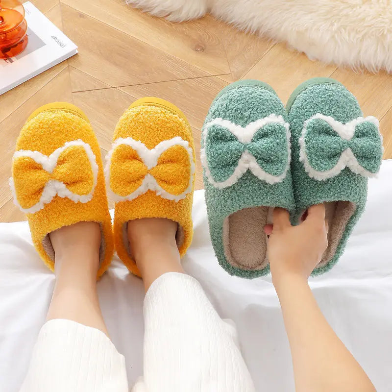 Women's Winter Cotton Slippers Thick Bottom Warm Bow Shoes