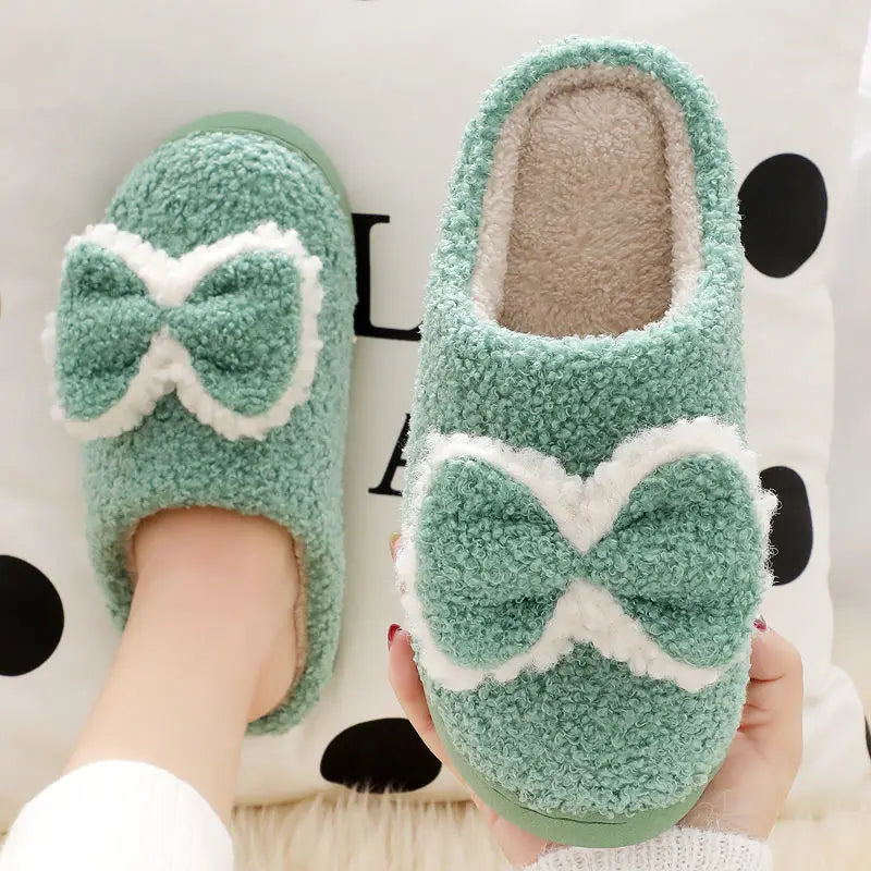 Women's Winter Cotton Slippers Thick Bottom Warm Bow Shoes