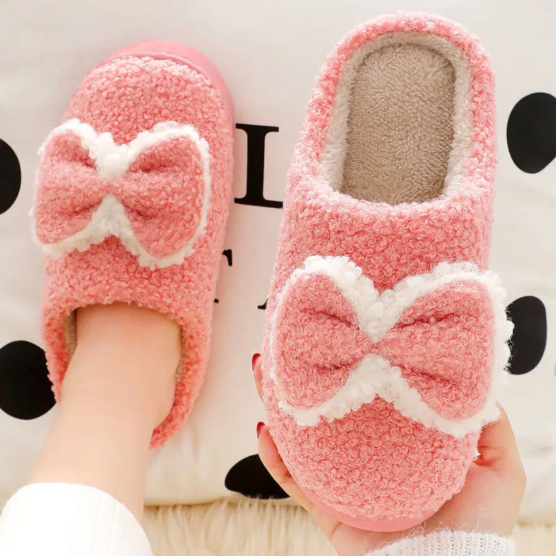 Women's Winter Cotton Slippers Thick Bottom Warm Bow Shoes
