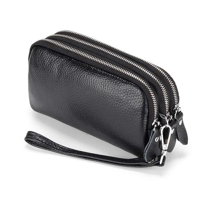 Cow Leather Three Zipper Lining Women Clutch Wallet Large Capacity Female Purse