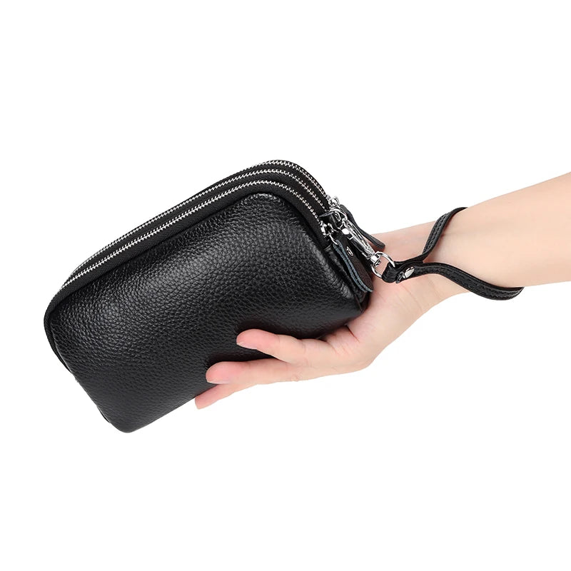 Cow Leather Three Zipper Lining Women Clutch Wallet Large Capacity Female Purse
