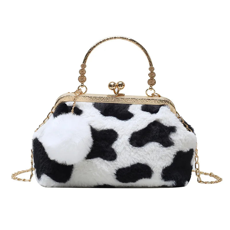 Leopard Plush Clip Crossbody Bag for Women Winter Handbag