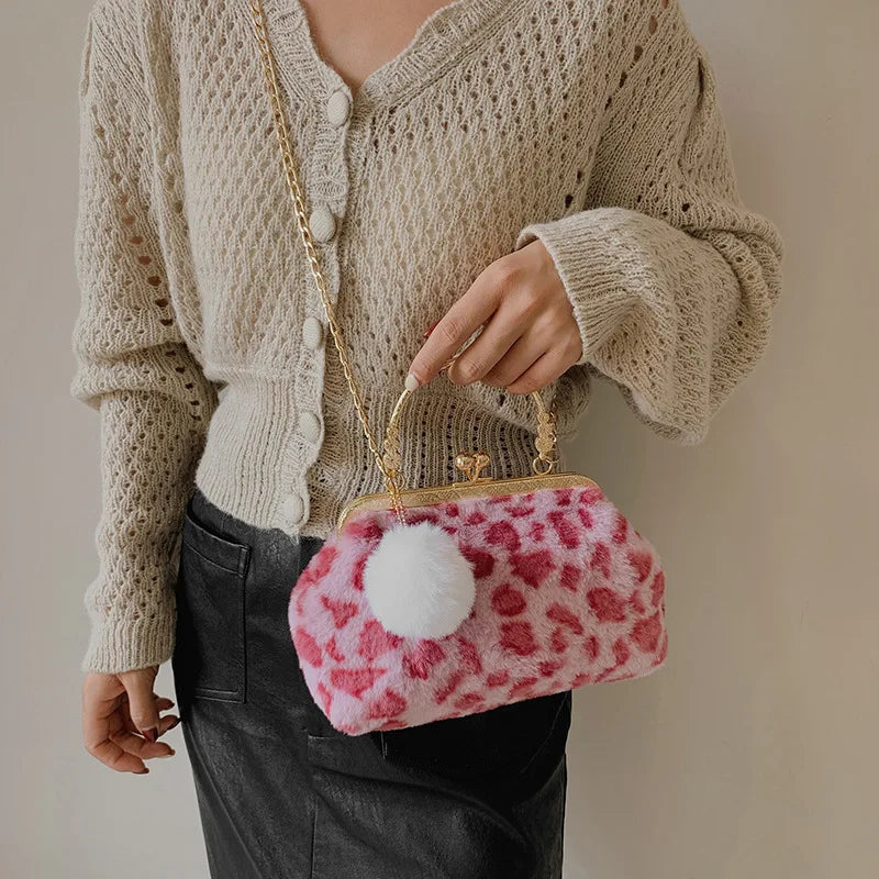 Leopard Plush Clip Crossbody Bag for Women Winter Handbag