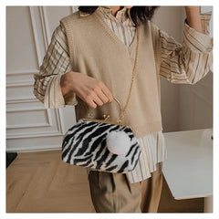 Leopard Plush Clip Crossbody Bag for Women Winter Handbag