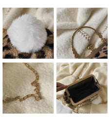 Leopard Plush Clip Crossbody Bag for Women Winter Handbag