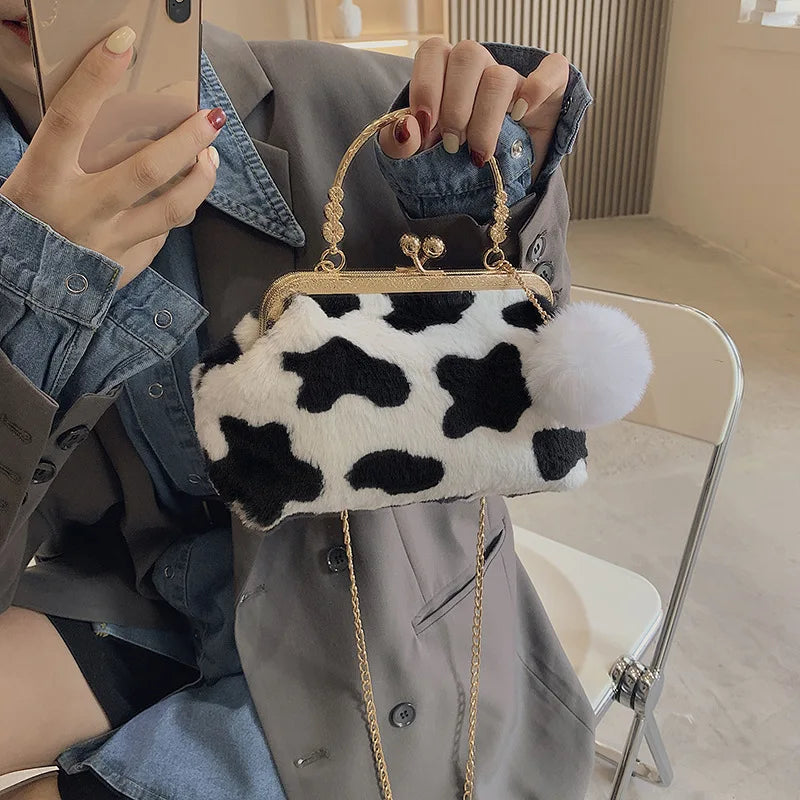 Leopard Plush Clip Crossbody Bag for Women Winter Handbag