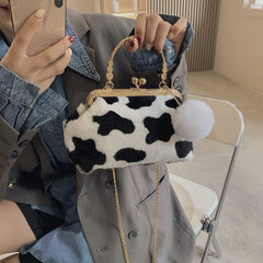 Leopard Plush Clip Crossbody Bag for Women Winter Handbag