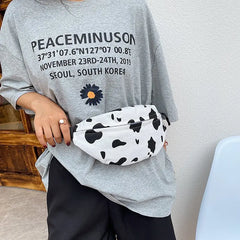 Cow Print Canvas Belt Bag for Women Fanny Pack Female Banana Waist Bag
