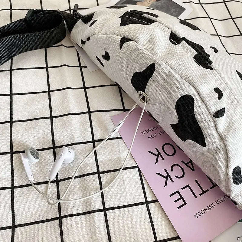 Cow Print Canvas Belt Bag for Women Fanny Pack Female Banana Waist Bag