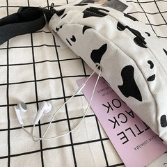 Cow Print Canvas Belt Bag for Women Fanny Pack Female Banana Waist Bag