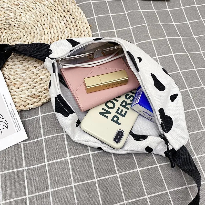 Cow Print Canvas Belt Bag for Women Fanny Pack Female Banana Waist Bag