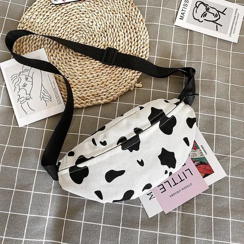 Cow Print Canvas Belt Bag for Women Fanny Pack Female Banana Waist Bag