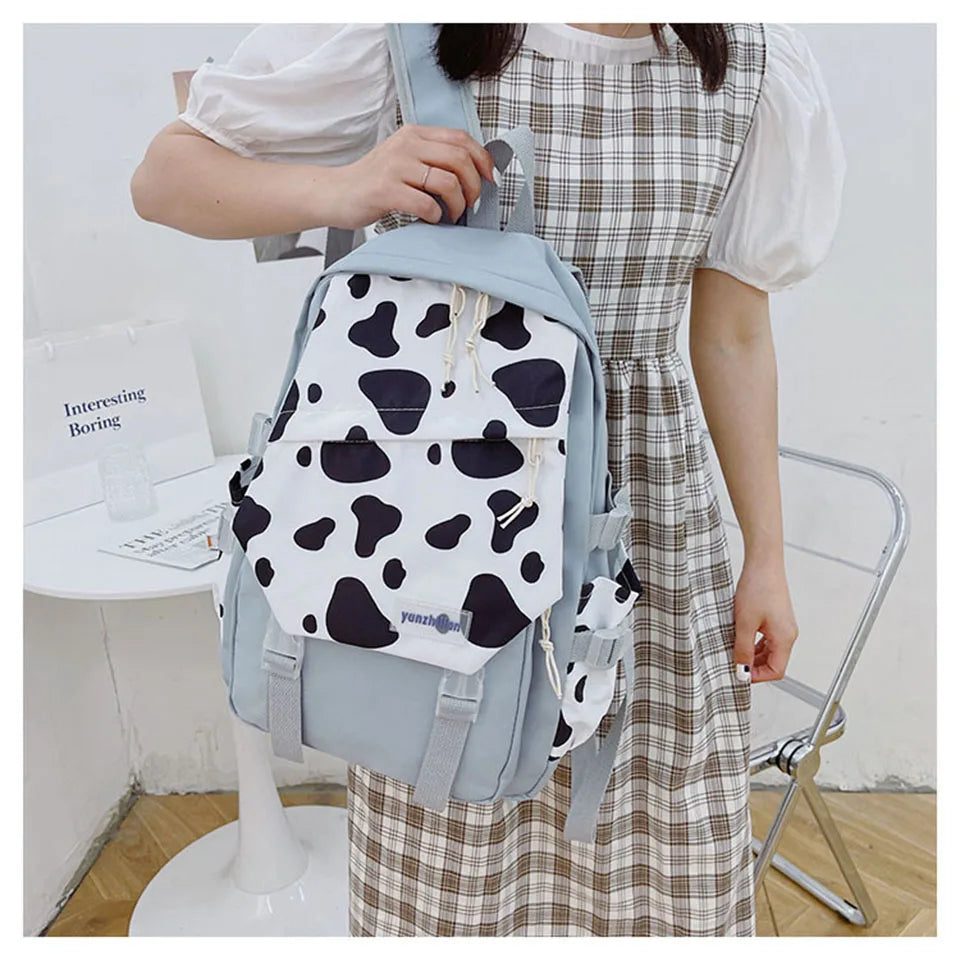 Cow Print Women Backpack Preppy Style Nylon Student Laptop Backpacks For Girls