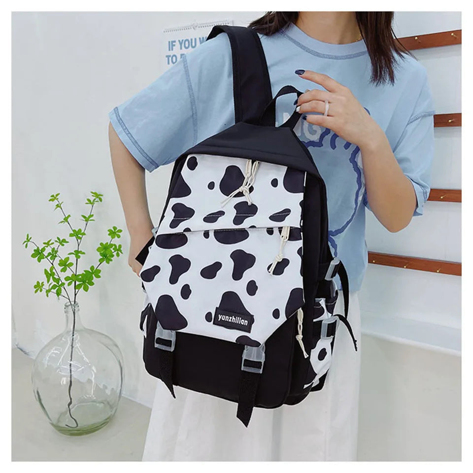 Cow Print Women Backpack Preppy Style Nylon Student Laptop Backpacks For Girls