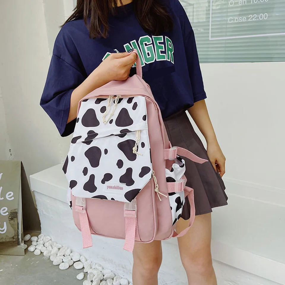 Cow Print Women Backpack Preppy Style Nylon Student Laptop Backpacks For Girls
