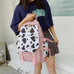 Cow Print Women Backpack Preppy Style Nylon Student Laptop Backpacks For Girls