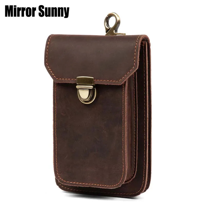 Cowhide Leather Waist Bag Retro 7-inch Phone Vintage Cigarette B