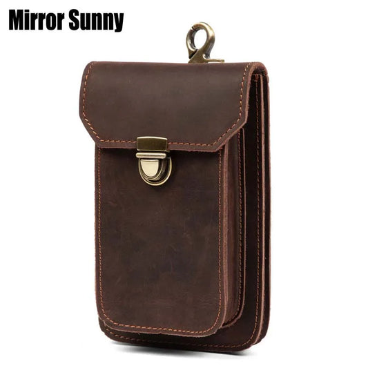 Cowhide Leather Waist Bag Retro 7-inch Phone Vintage Cigarette B