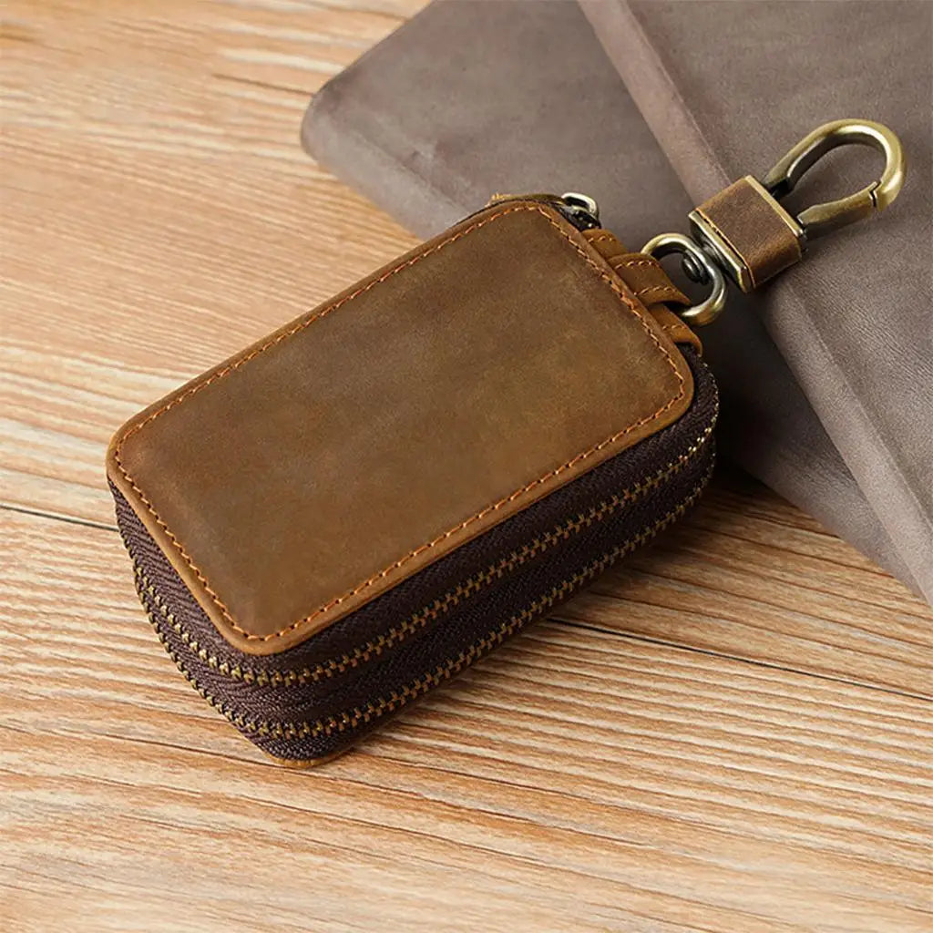 Cowhide Key Holder Case Car Keychain Wallet Dual Zipper