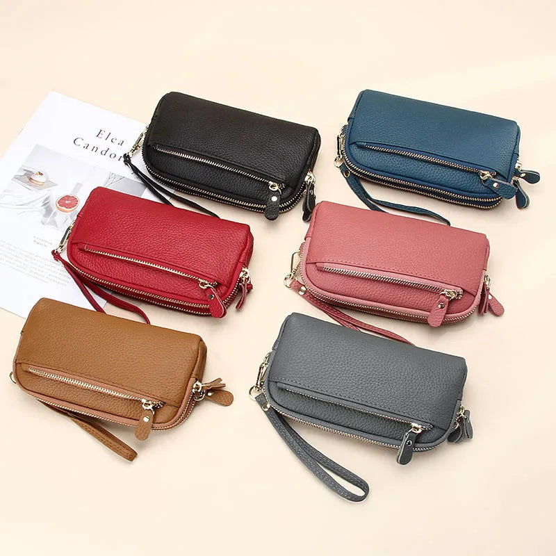 Cowhide Ladies Clutch Bag Large Capacity Zipper Phone Purse Leather Long Wallet