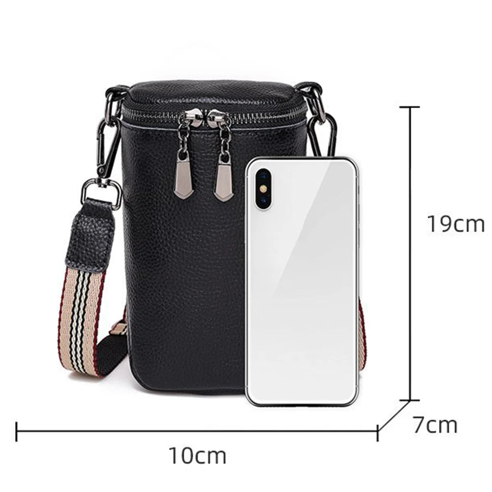 Cowhide Leather Crossbody Bags Mini Messenger Bags Solid Zipper Wide Strap