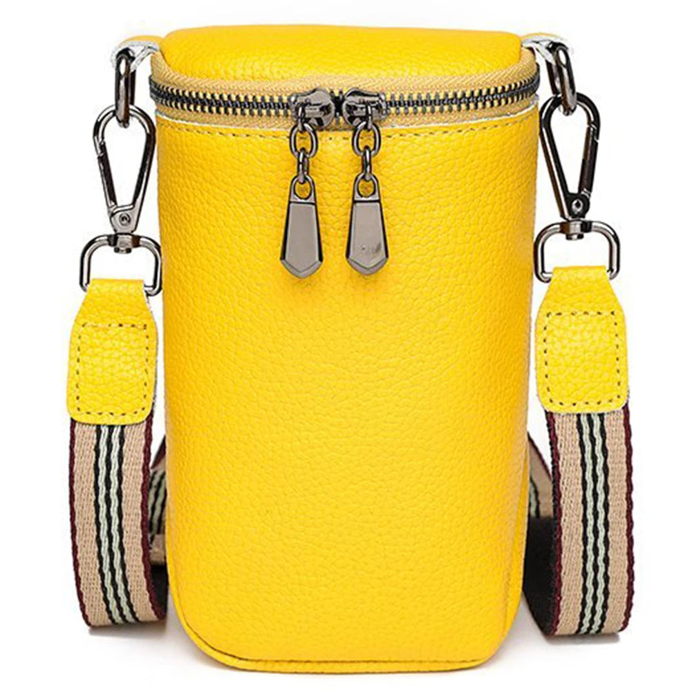 Cowhide Leather Crossbody Bags Mini Messenger Bags Solid Zipper Wide Strap