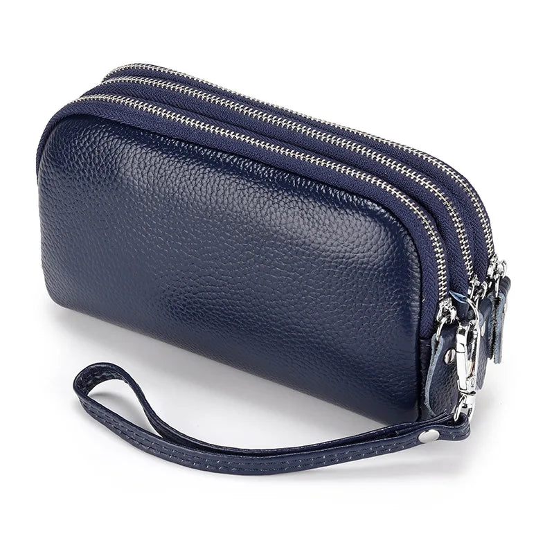 Cowhide Women's Handbag Three layer Zipper Wrist Bag Long Wallet