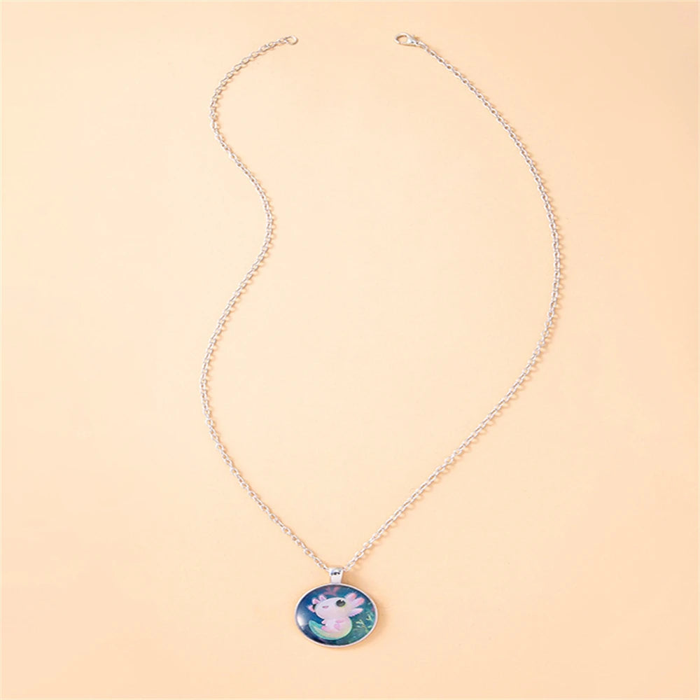 Cartoon Pink Axolotl Glass Pendant Necklace for Women Round Party Animal Jewelry