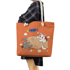 Japanese Style Cat Print Shopping Bags Large Capacity Handbags