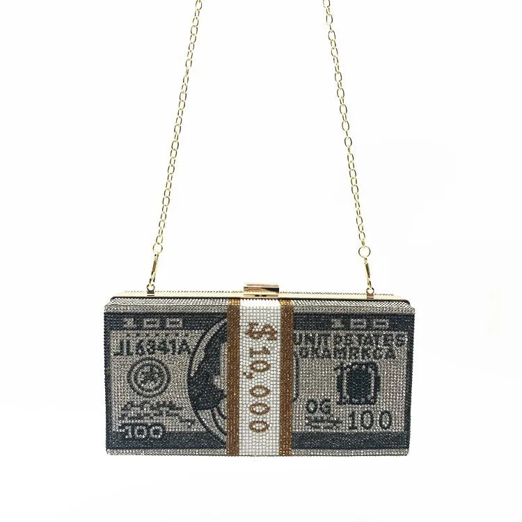 Rhinestone Cash Clutch 10000 Dollars Stack Evening Handbag