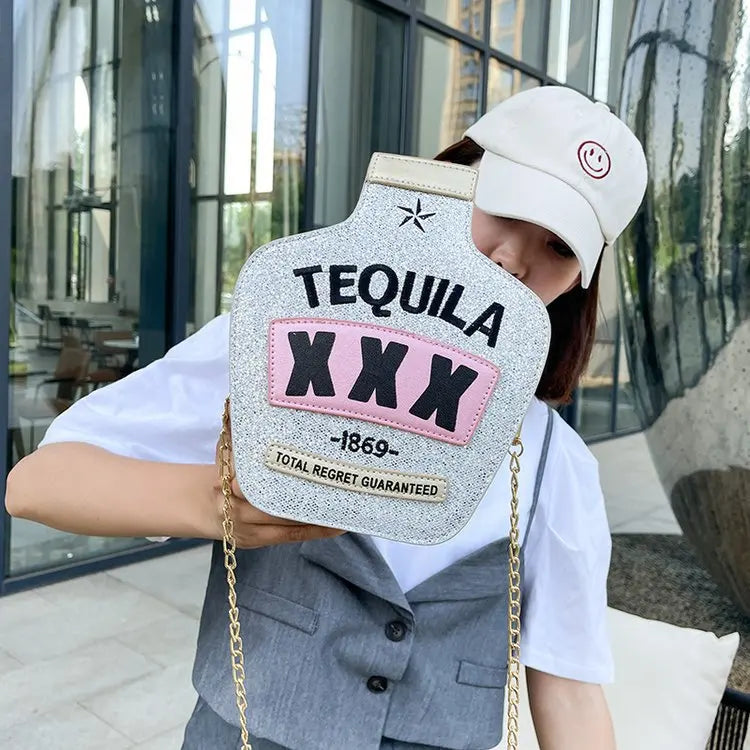Fun Embroidery Letters Chain Purses Handbags Tequila Wine Bottle Shoulder Bags