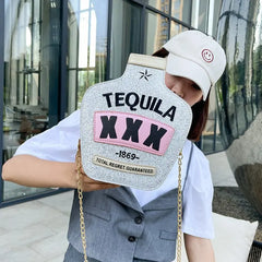 Fun Embroidery Letters Chain Purses Handbags Tequila Wine Bottle Shoulder Bags
