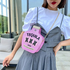 Fun Embroidery Letters Chain Purses Handbags Tequila Wine Bottle Shoulder Bags