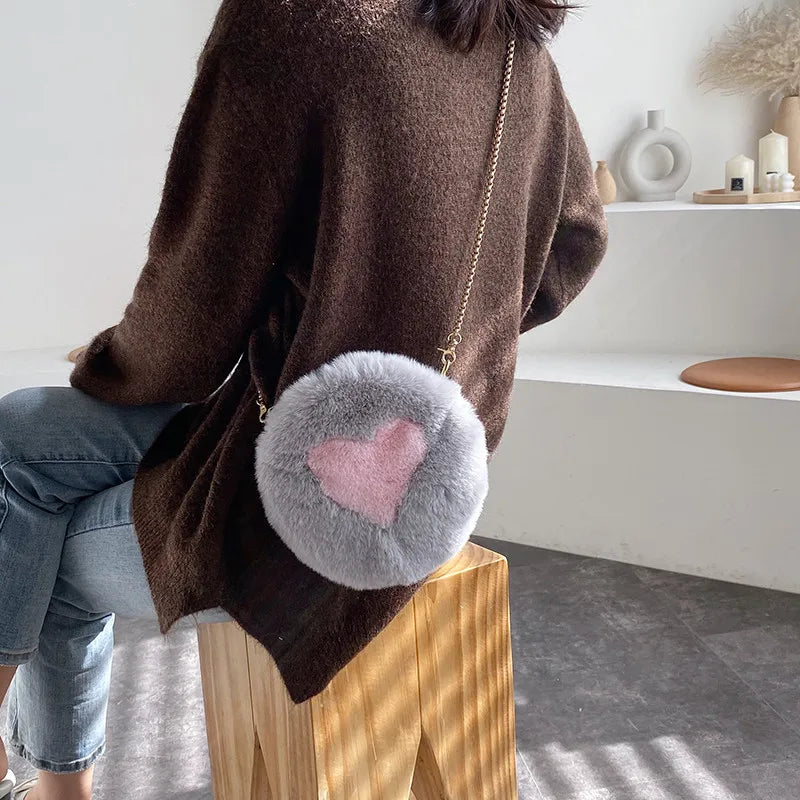 Round Plush Bag with Metal Chain Love Pattern