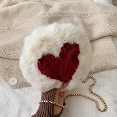 Round Plush Bag with Metal Chain Love Pattern