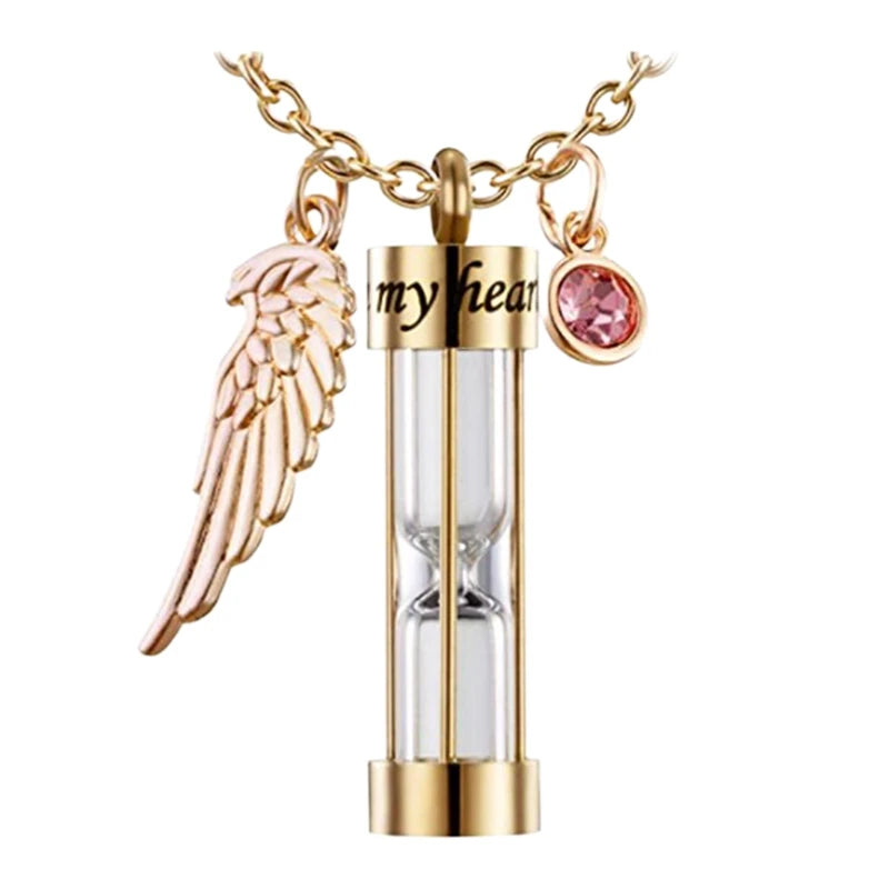 Time Hourglass Cremation Urn Necklace with Angel Wing Birthstones