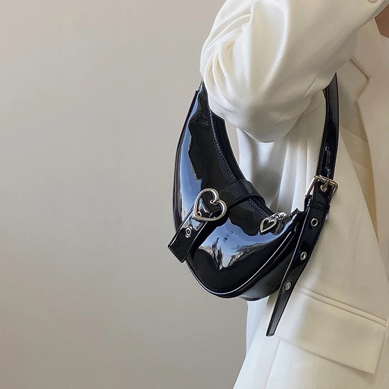 Crescent Moon Women's Underarm Bag Patent Leather Love Heart Shoulder Bags