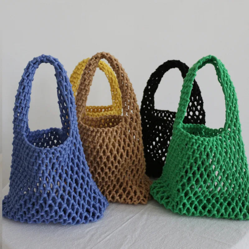 Crochet Hand Knit Bag Macaron Cotton Rope Hollow Out Handbag