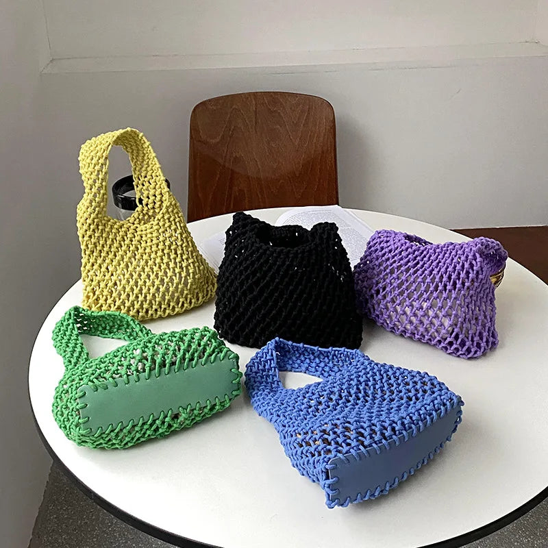 Crochet Hand Knit Bag Macaron Cotton Rope Hollow Out Handbag