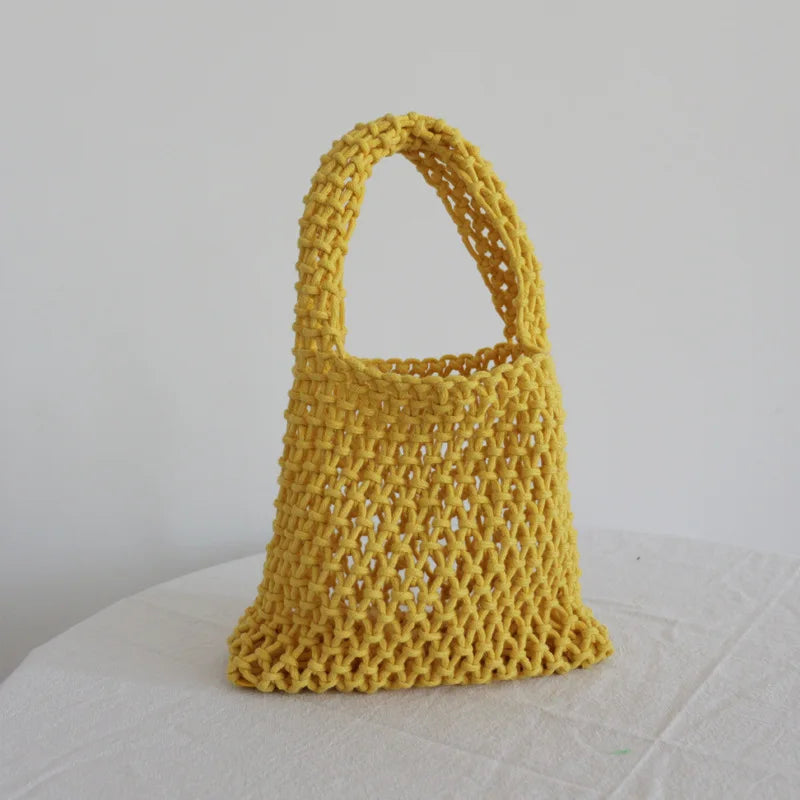 Crochet Hand Knit Bag Macaron Cotton Rope Hollow Out Handbag