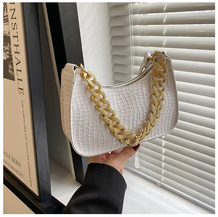 Crocodile 2 Straps Women Underarm Clutches Bags Black/Green Large Chain Lady Sho