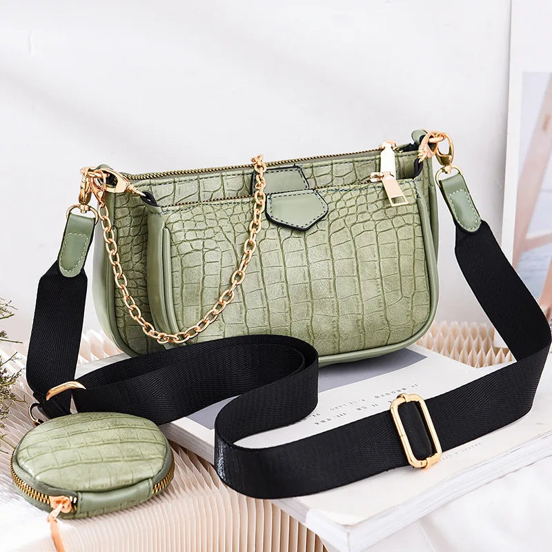 Crocodile Leather Crossbody Bags 3 in 1 Handbag Large Capacity Shoulder Bag