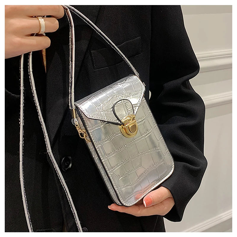 Crocodile Leather Women Handbag Clutch Purse Flap Silver Shoulder Bag