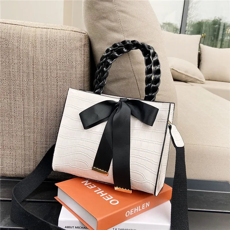 Crocodile Pattern Crossbody Bag with Bow Handbag
